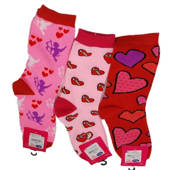 Everbright Womens Valentines Socks Size 9-11 Red Pink NWT Lot Of 3 Hearts Cupid - Picture 1 of 5